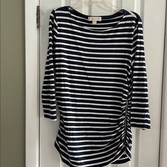 MICHAEL KORS BLACK & WHITE STRIPED 3/4 SLEEVE TOP PULLOVER ZIP ON SIDE SIZE XL - Picture 1 of 5